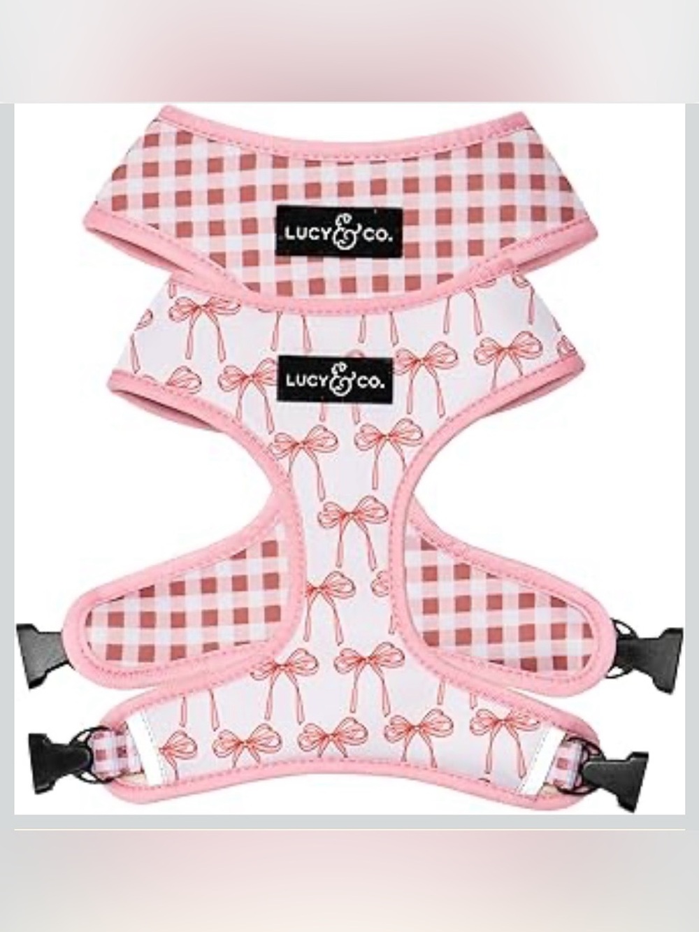 Lucy & Co. Pink Bow & Gingham Dog Harness - Cute Adjustable Small Breed Harness